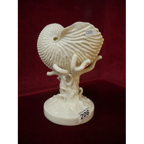 206 - 1ST PERIOD BELLEEK NAUTILIS SHELL ON CORAL BELLEK VASE - PERFECT CONDITION