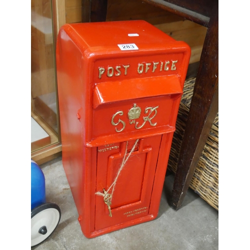 283 - METAL POST BOX WITH CAST IRON FRONT WITH KEY