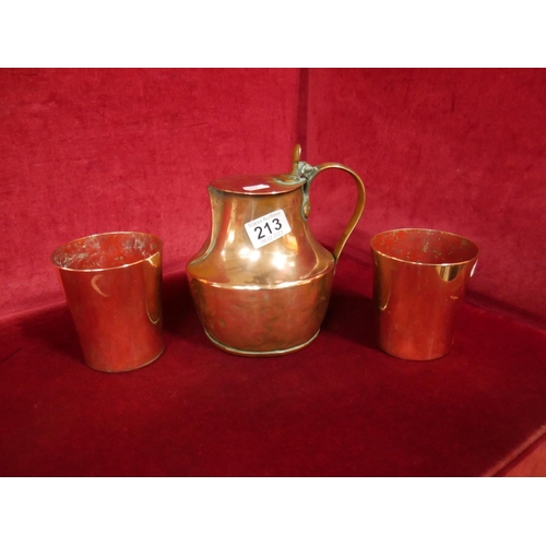 213 - COPPER BEAKERS & LIDDED JUG