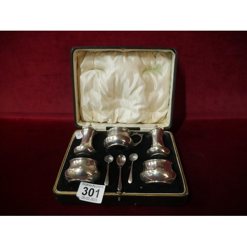 301 - CASED HALLMARKED SILVER CONDIMENT SET WITH LINERS