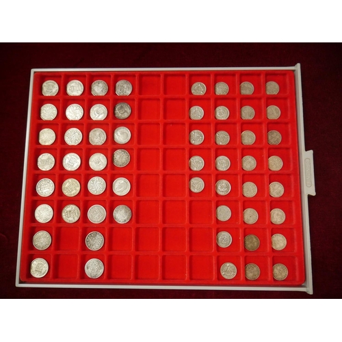 330 - TRAY OF SILVER THREE PENCE COINS