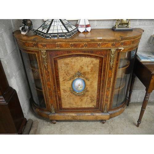 416 - VICTORIAN BURR WALNUT CREDENSA WITH GILT MOUNTS & PORCELAIN PANEL