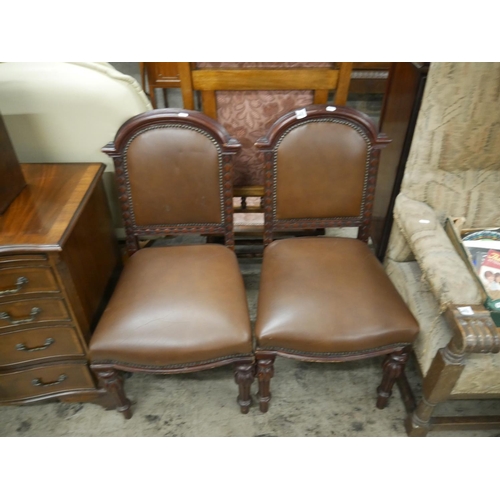 548 - PAIR OF VICTORIAN OAK & LEATHER HALL CHAIRS