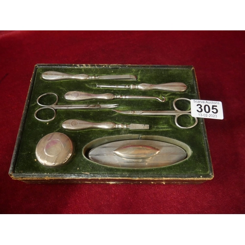 305 - CASED SILVER MANICURE SET - LID DETACHED