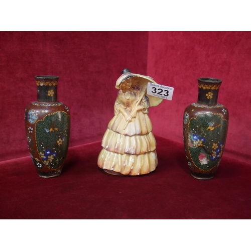 323 - WADE FIGURE & 2 CLOISONNE VASES