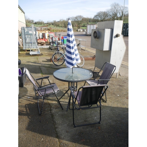 37 - GARDEN TABLE, 3 CHAIRS & PARASOL