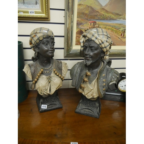 416 - PAIR OF LARGE ANTIQUE BLACKAMOOR BUSTS - SOME DAMAGE