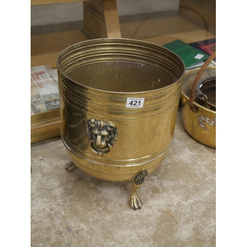 421 - BRASS PLANTER WITH LION MASK HANDLES