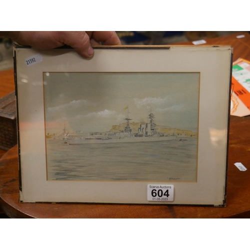 604 - WATERCOLOUR OF BATTLE SHIP