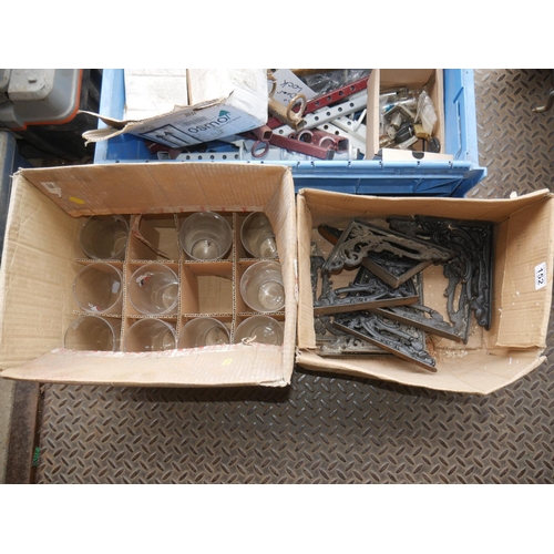 152 - BOX OF CAST IRON BRACKETS PLUS BOX OF PINT GLASSES