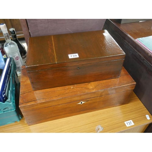 739 - WOODEN STORAGE BOX AND VICTORIAN WRITING SLOPE