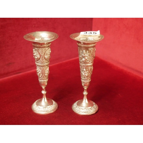 335 - 2 WHITE METAL EMBOSSED CANDLESTICKS