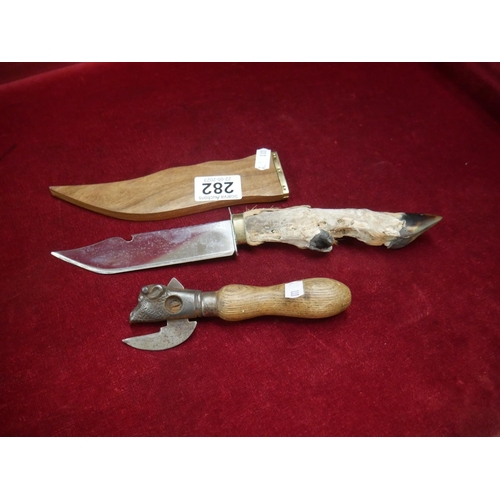 282 - HOOF HANDLED DAGGER & VICTORIAN TIN OPENER