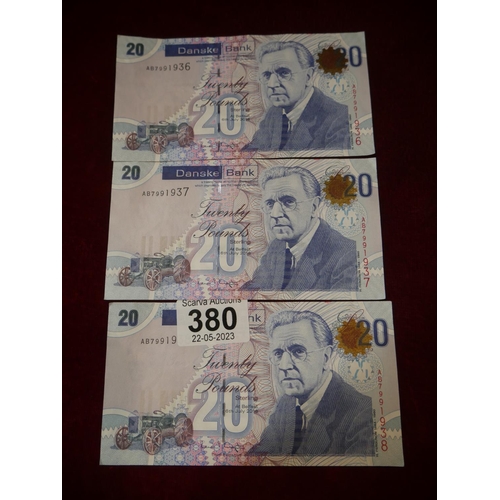 380 - 3 CONSECUTIVE DANSKE BANK NOTES - NEAR MINT