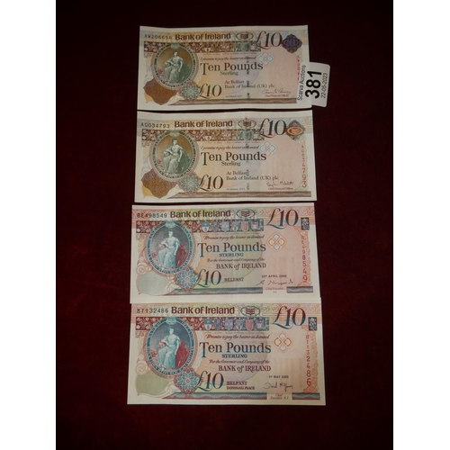 381 - 4 BANK OF IRELAND £10 NOTES - NEAR MINT