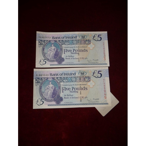 382 - 2 BANK OF IRELAND £5 NOTES - NEAR MINT