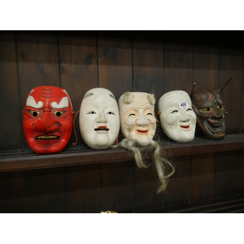 466 - 5   1960s HANDMADE PAPIER MACHE FACMASKS 
YUBA, KOOMOTE, OKINA, TENGN & HANNYA HAS SLIGHT DAMAGE