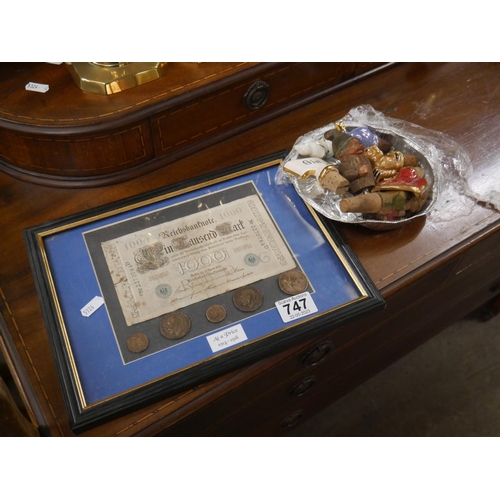 747 - FRAMED BANK NOTE & COINS PLUS DECANTER STOPPERS