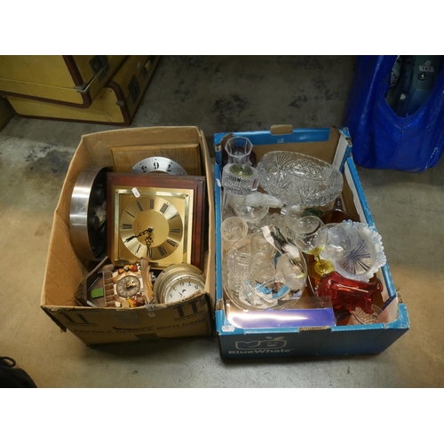 768 - BOX OF CLOCKS & BOX OF MIXED GLASSWARE