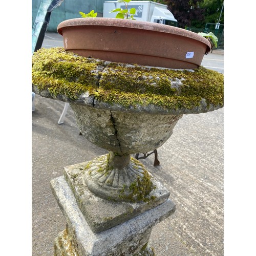 113 - AGED CONCRETE URN ON PLINTH - URN HAS AN OLD CRACK BUT IS STABLE