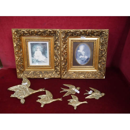 250 - BRASS FLYING BIRDS & 2 HEAVY GILT FRAMED PRINTS