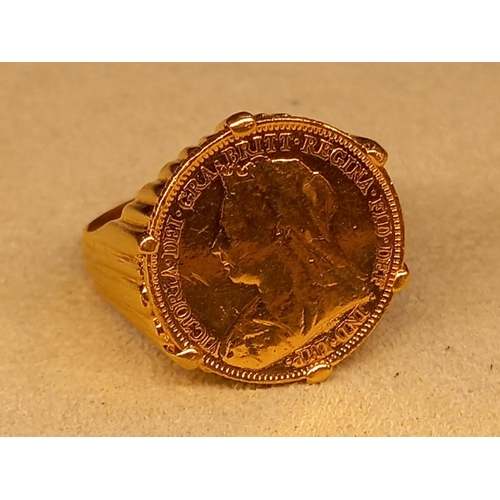 335 - VICTORIAN HALF SOVEREIGN MOUNTED IN 18CT RING SIZE U - TESTED