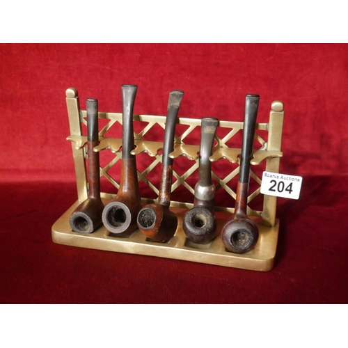 204 - VICTORIAN BRASS PIPE RACK & PIPES