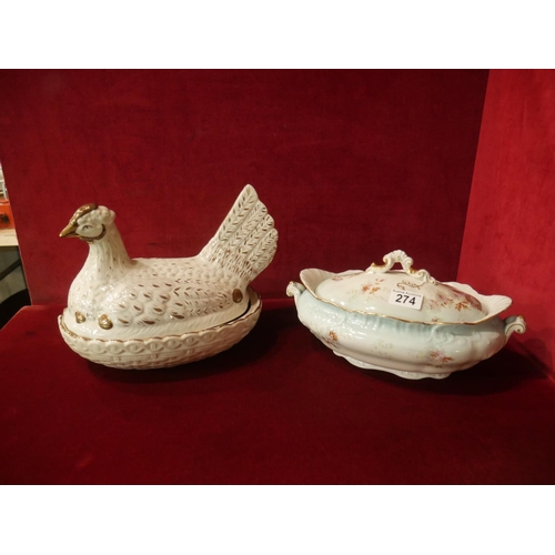 274 - VICTORIAN LIDDED VEGETABLE DISH PLUS VICTORIAN HEN & NEST EGG HOLDER