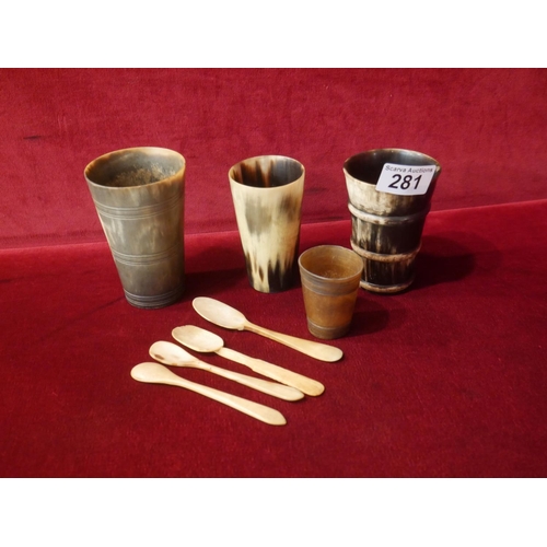 281 - 4 HORNED BEAKERS & BONE SPOONS