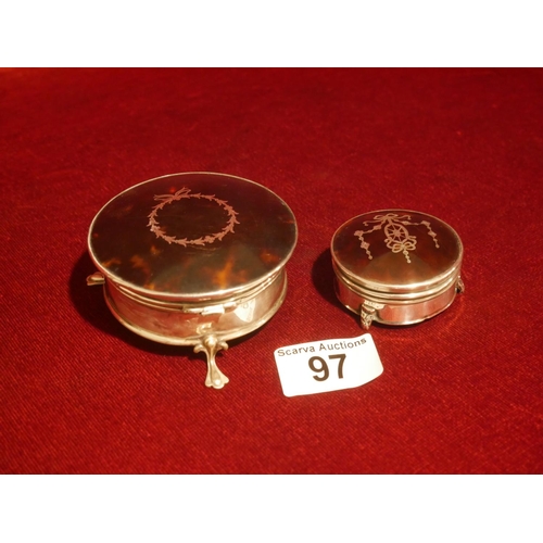 97 - VICTORIAN SILVER & TORTOISE SHELL POWDER PUFF & PILL BOX