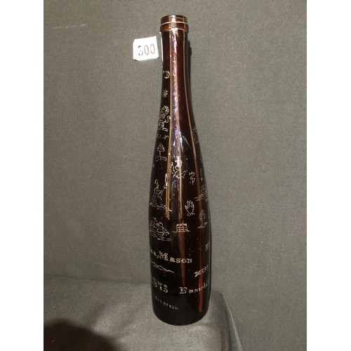 300 - NAIVELY ENGRAVED BOTTLE CELEBRATING KING WILLIAM III WITH MASONIC & ORANGE ORDER SYMBOLS DATED 1873