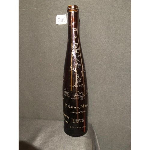 300 - NAIVELY ENGRAVED BOTTLE CELEBRATING KING WILLIAM III WITH MASONIC & ORANGE ORDER SYMBOLS DATED 1873