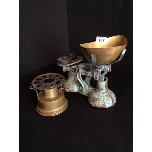 167 - BRASS SPIRIT STOVE & SCALES