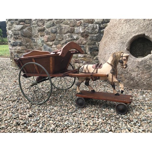 270 - LARGE VICTORIAN PULL ALONG HORSE WITH TIPPING CART