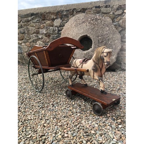 270 - LARGE VICTORIAN PULL ALONG HORSE WITH TIPPING CART