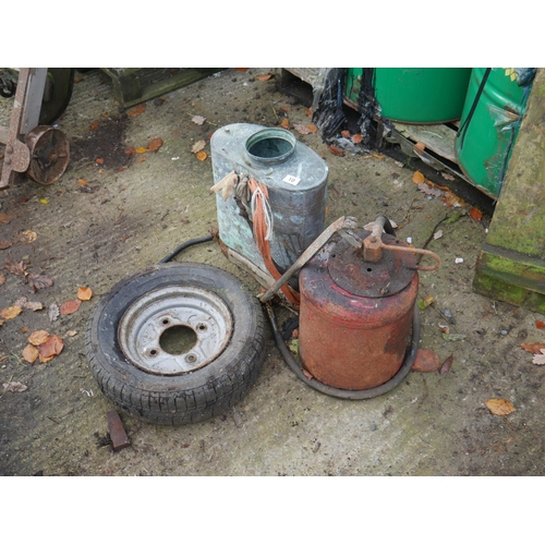 10 - OLD KNAPSACK SPRAYER, WHEEL ETC