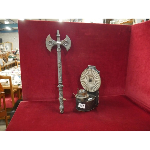 262 - WALL LAMP & CAST IRON AXE