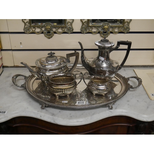 411 - SILVER PLATED TEA SERVICE & TRAY