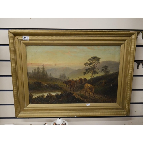 421 - VICTORIAN OIL PAINTING ON CANVAS HIGHLAND CATTLE SCENE