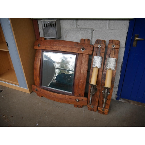 119 - LARGE MIRROR & CANDLE SCONCES MADE FROM RECLAIMED BARREL TIMBER