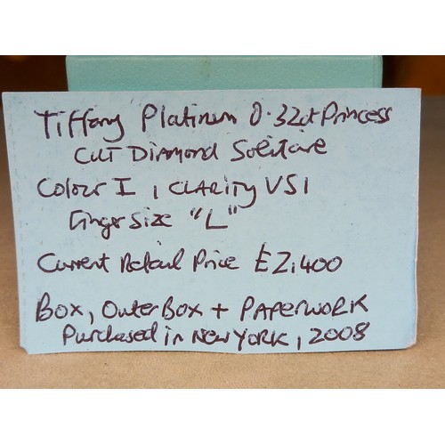 355 - TIFFANY & CO. PLATINUM & PRINCESS CUT DIAMOND & SOLITAIRE RING SIZE L - WITH CERTIFICATE