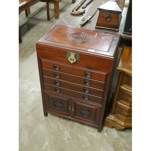 288 - ORIENTAL HARDWOOD CUTLERY CABINET WITH GEORGE BUTLER SHEFFIELD CUTLERY INCLUDED