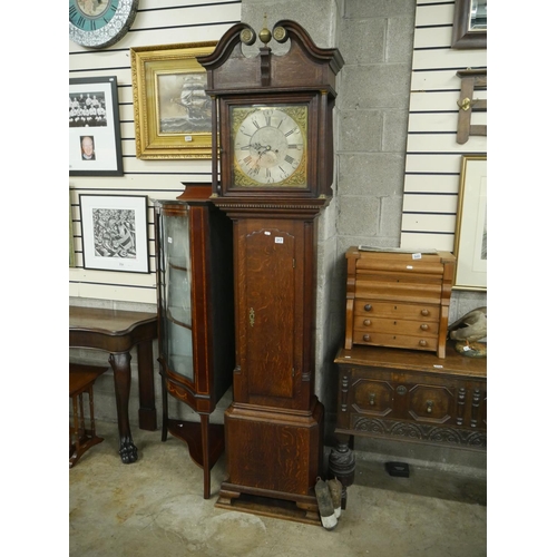 317 - OAK GRANDFATHER CLOCK WITH WEIGHTS & PENDULUM