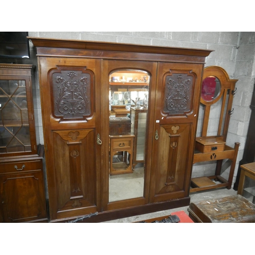 284 - ART NOUVEAU MAHOGANY 3 DOOR WARDROBE