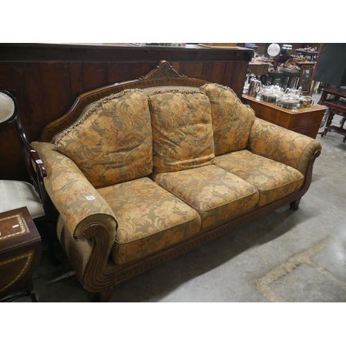 459 - CARVED MAHOGANY & UPHOLSTERED SETTEE