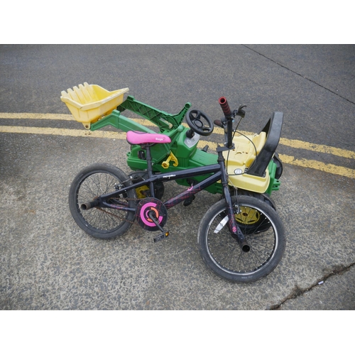 54 - TOY TRACTOR & LOADER PLUS BIKE