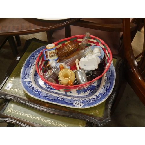 605 - BLUE & WHITE PLATTER PLUS BASKET OF COLLECTABLES