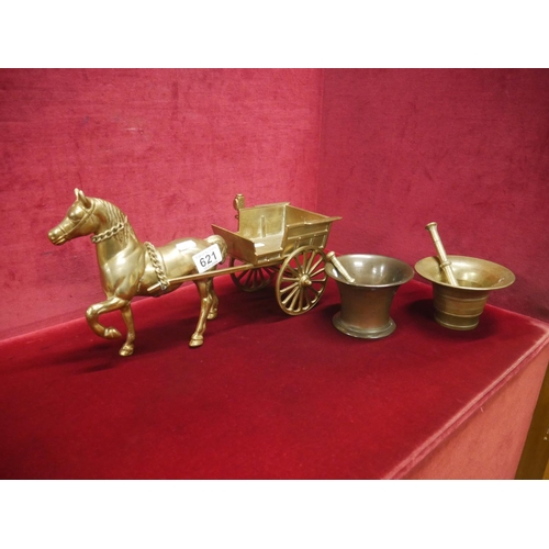 621 - BRASS HORSE & CART PLUS 2 PESTLES & MORTARS