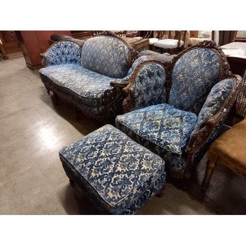 385 - FRENCH STYLE UPHOLSTERED COUCH, MATCHING CHAIR & FOOT STOOL - BACK FOOT BROKEN BUT PIECE HERE