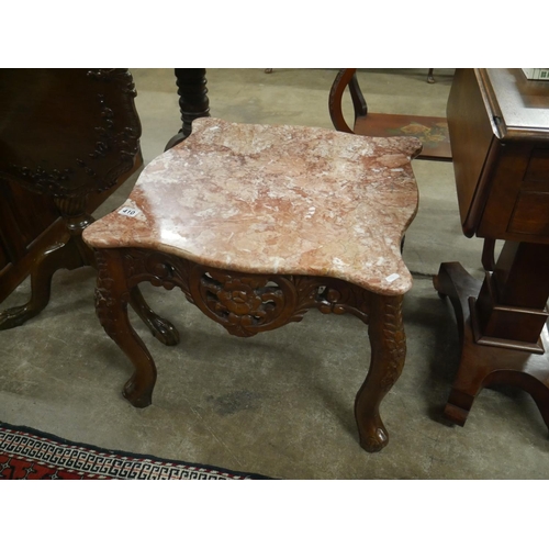 410 - MARBLE TOPPED HEAVILY CARVED OCCASIONAL TABLE